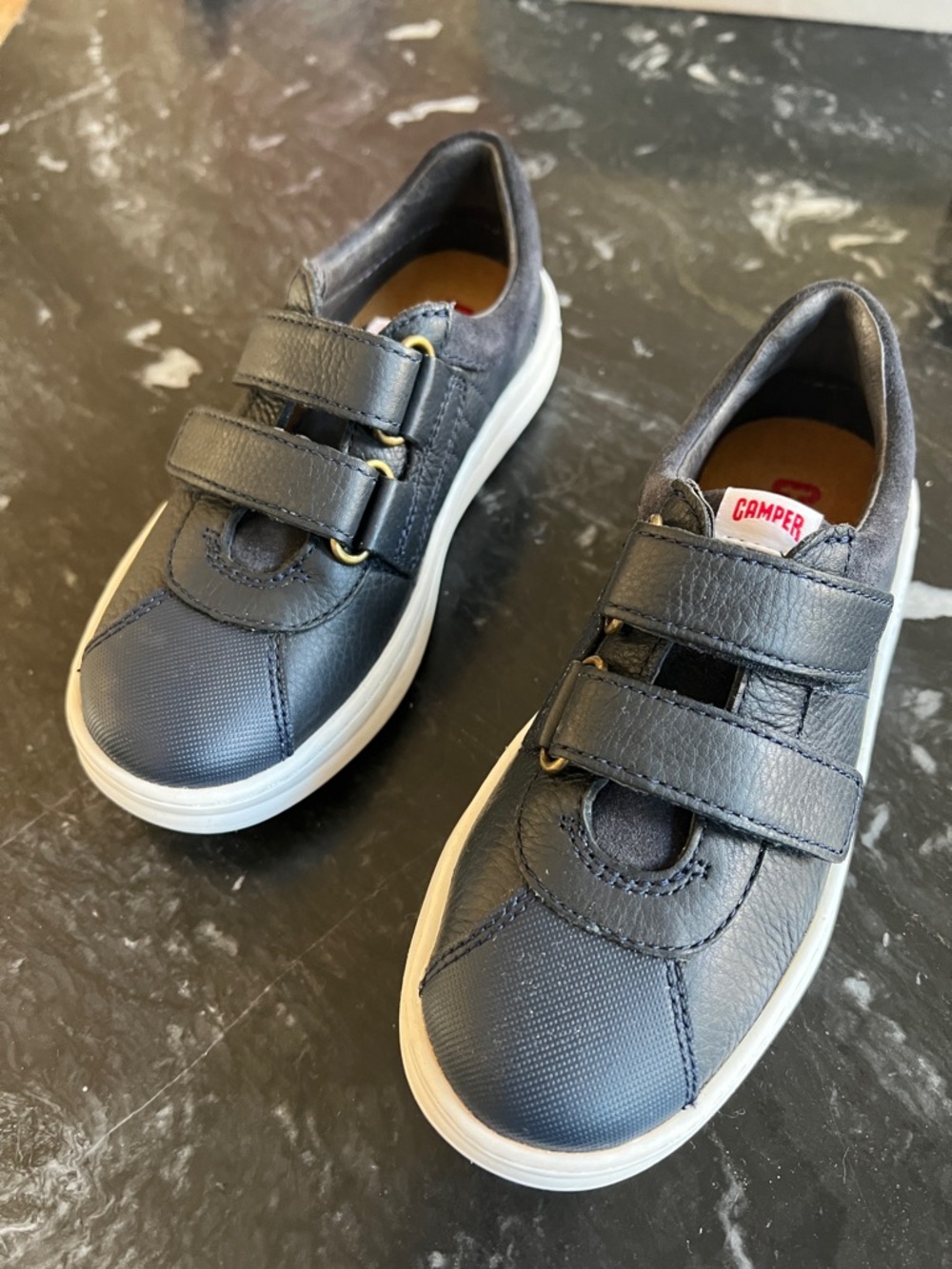Camper Kids Navy Leather Velcro Sneakers with White Sole never worn